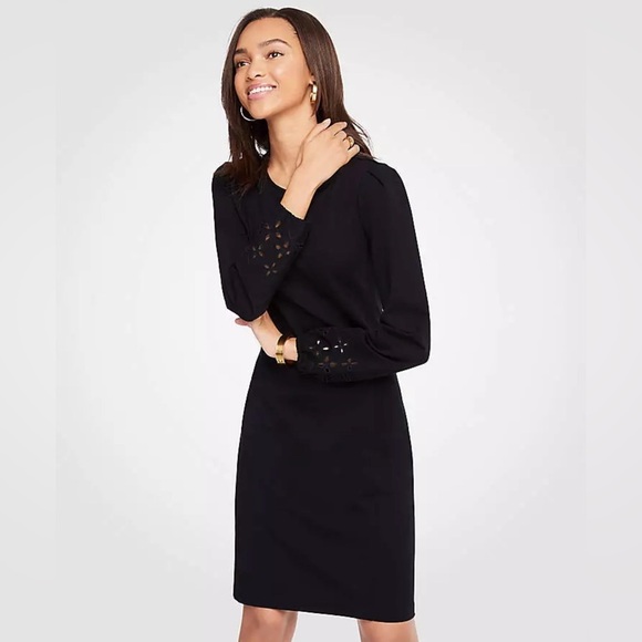 Ann Taylor Black Eyelet Cuff Sheath Above Knee Dress Size Medium Keyhole Ponte - Picture 1 of 12
